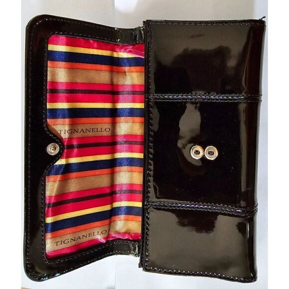 Tignanello Black Patent Leather Wallet With Colorful Striped Interior - Picture 2 of 9